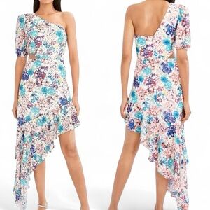 BCBG Max Azria One-Shoulder Floral Dress Size 12 NWT Asymmetrical Hem Summer